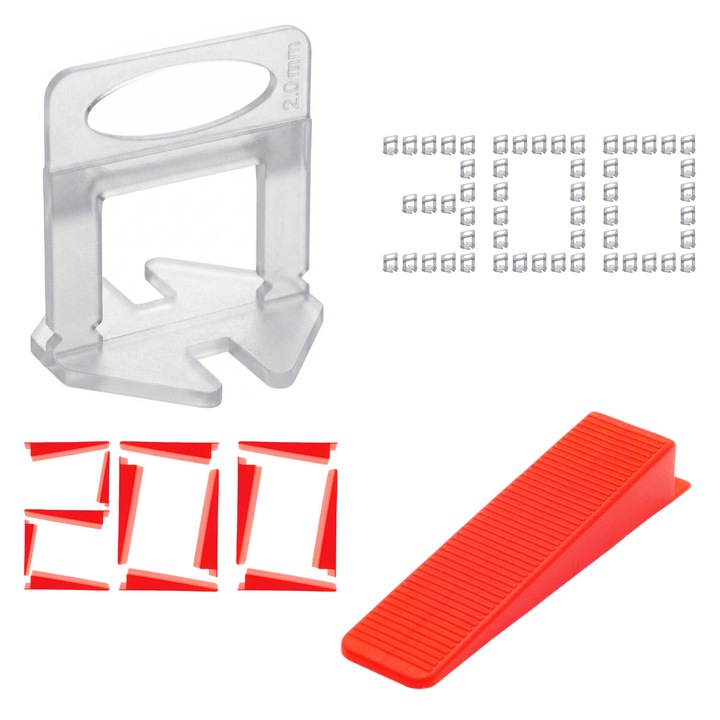 Set 500x Sistem de nivelare placi ceramice pentru gresie si faianta, 300 cleme 2 mm si 200 pene, Alb, Rosu, Galben