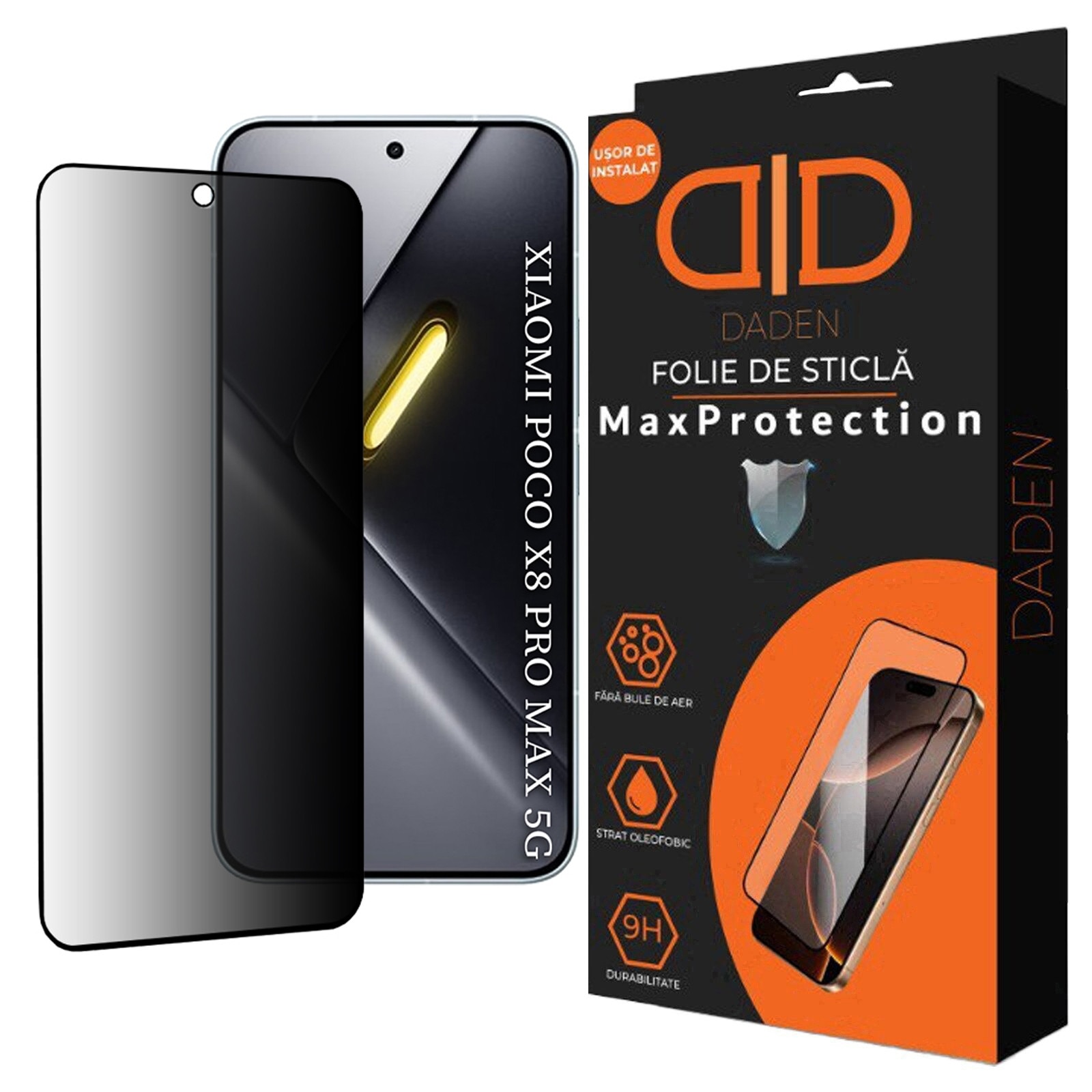 Folie Sticla Privacy pentru Xiaomi Poco X8 Pro Max Daden MaxProtection, Full Cover, Protectie Profesionala, Ultra Rezistenta, Calitate Premium