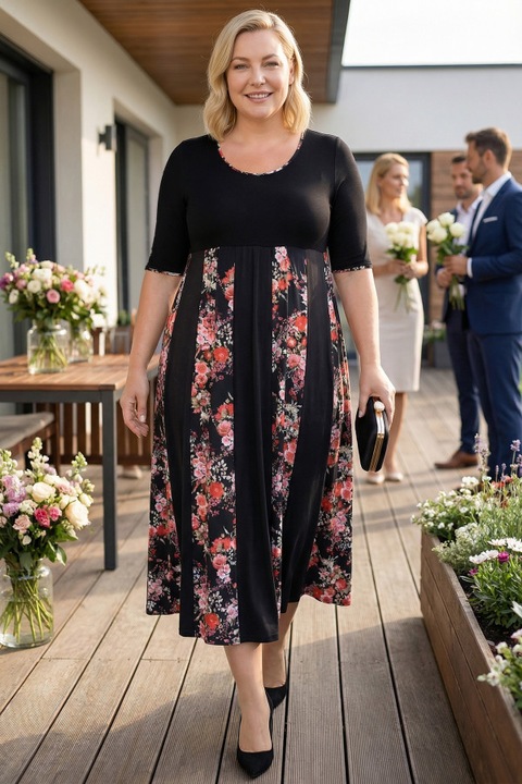 Hosszú fekete ruha virágmintával