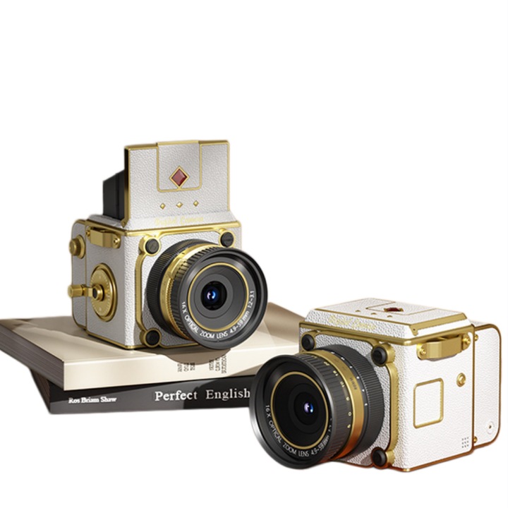 Aparat foto digital compact, portabil, 32 GB, zoom 16x, 13 megapixeli, card TF, stabilizator optic de imagine, ecran HD de 2 inci, baterie de 1000 mAh, alb