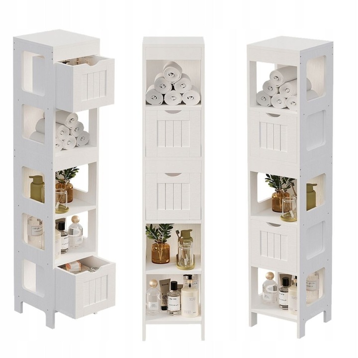 Dulap de baie cu coloana, sertare, alb, inalt, cu rafturi, stil modern loft, 142 cm BADU