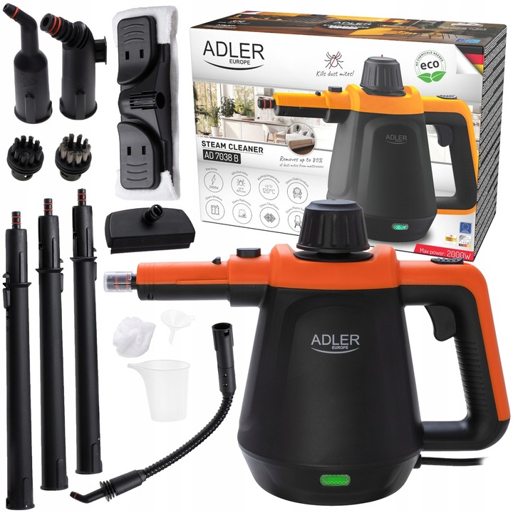 Myjka parowa Adler AD7038, 2000W, 450ml, Culoare Cerna si Portocalie, Set cu Accesorii