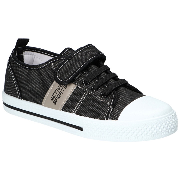 Tenisi pentru copii American Club TEN174, cu velcro si elastic, brant profilat din piele naturala si talpa alba antiderapanta, Negru