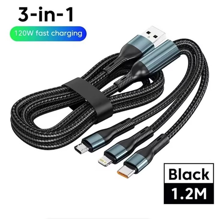3 az 1-ben gyorstöltő kábel, USB C/Lightning/Micro, 120W, 1.2m, kék/fekete