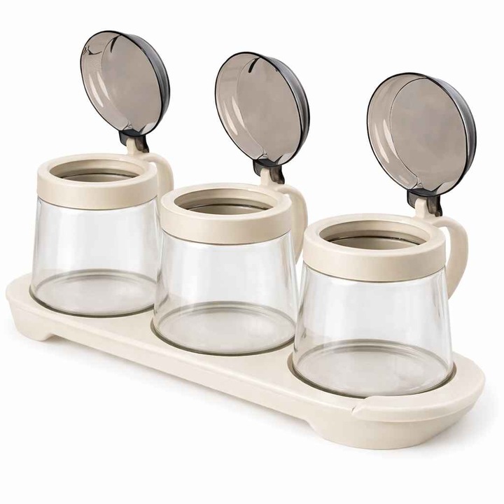 Set 3 recipiente din sticla pentru condimente, 3 x 400 ml, design elegant, capace etanse, organizare bucatarie, depozitare sigura