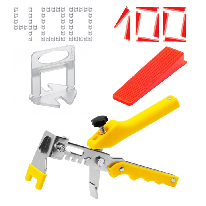Set 501x Sistem nivelare placi ceramice, 400 cleme 2.0 mm, 100 pene, cleste, Alb, Rosu, Galben
