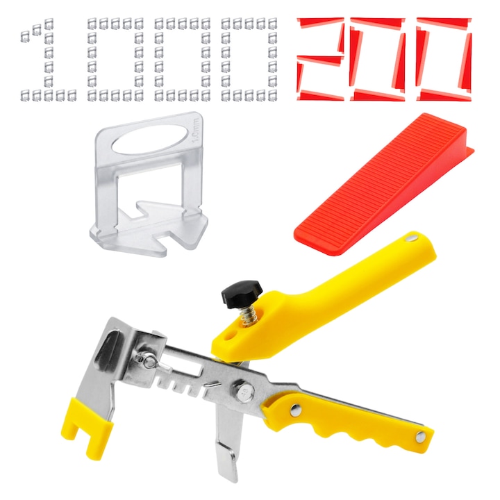 Set 1000x Cleme 1.0 mm, 200x Pene si 1x Cleste pentru nivelare gresie si faianta, Alb, Rosu, Galben