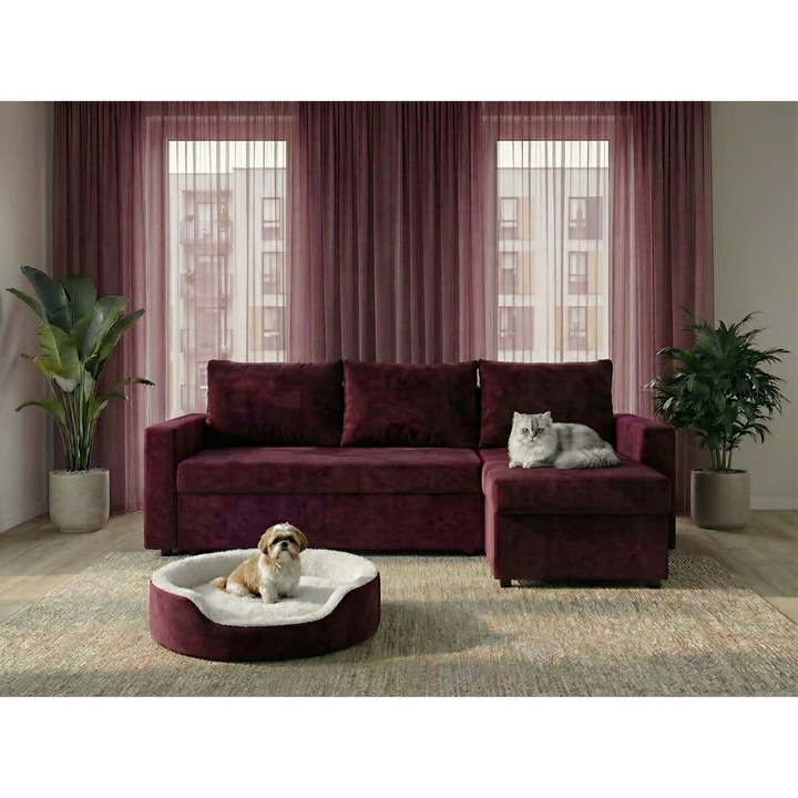 Coltar extensibil Tokyo, reversibil, 2 lazi de depozitare, sezut cu arcuri, Pet Friendly si Easy Clean 241x160x95 cm, Burgundy
