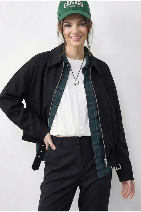 Geaca bomber supradimensionata Bianco Lucci, neagra, cu curea, din poliester si bumbac