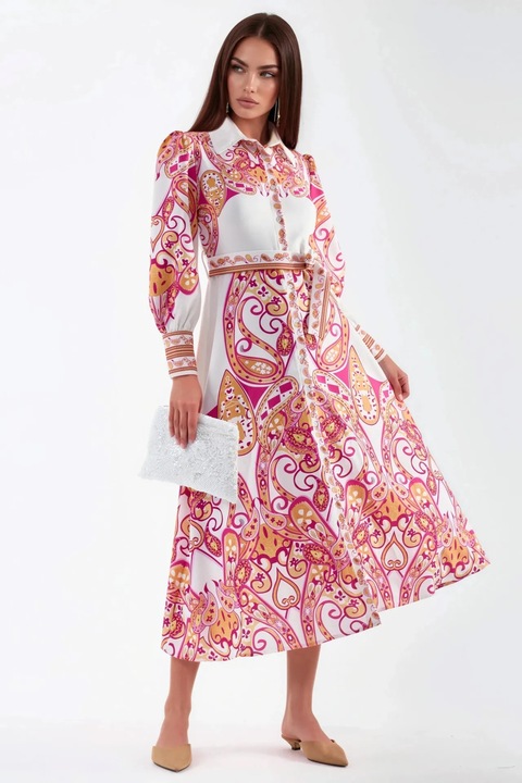 Rochie Maxi, MSN Collection, cu imprimeu, maneca lunga, poliester/lycra, Alb/Roz