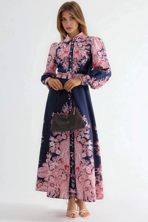 Rochie Maxi, MSN Collection, cu imprimeu, poliester, cu cordon, roz/bleumarin