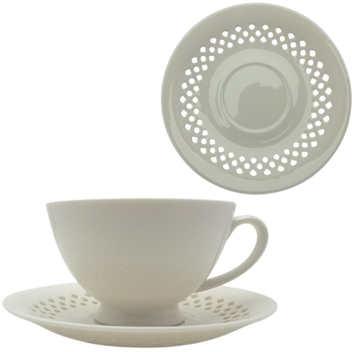 Cana ceramica alba 260ml cu farfurie azurata, set 1 cana si 1 farfurie, dimensiuni 7x11,1cm