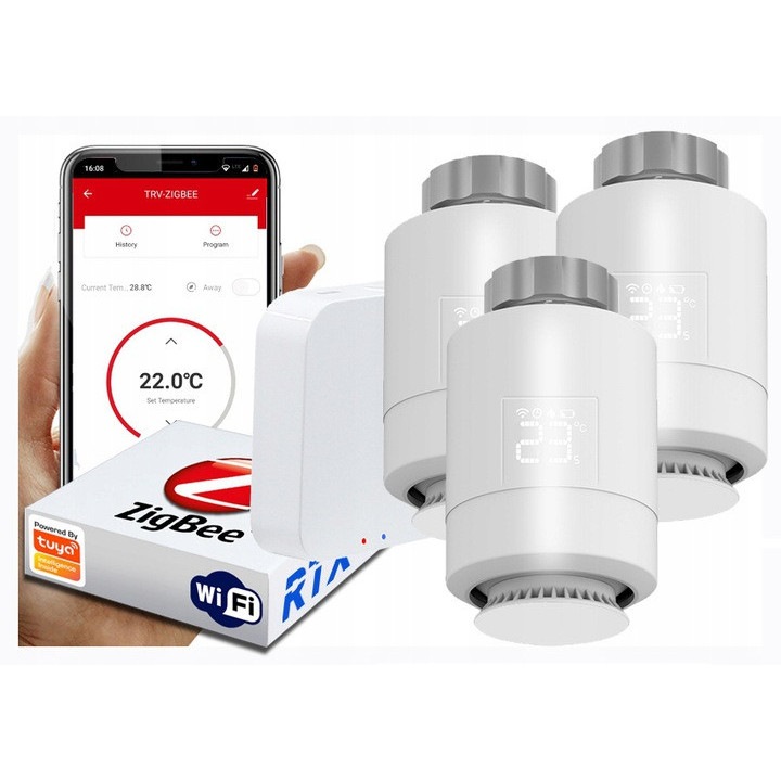 3x RTX termosztatikus szelepfej + Zigbee WiFi Tuya átjáró 5-30°C, 55x94mm
