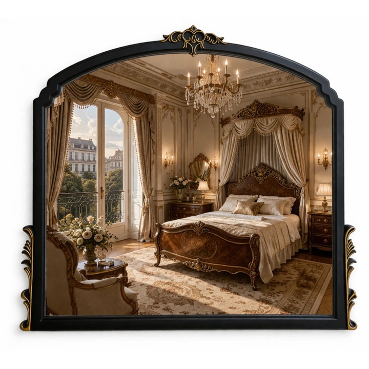 Oglinda Decorativa, MOBATELIER®, 65x90 cm, Oglinda Perete Rama Negru Auriu Antichizata, Design Baroc Elegant, Oglinda Ornamentala Living Hol Dormitor, Montaj Perete sau Sprijin Podea, Sticla Securizata Rezistenta, Accesoriu Decorativ Premium, Negru/Auriu