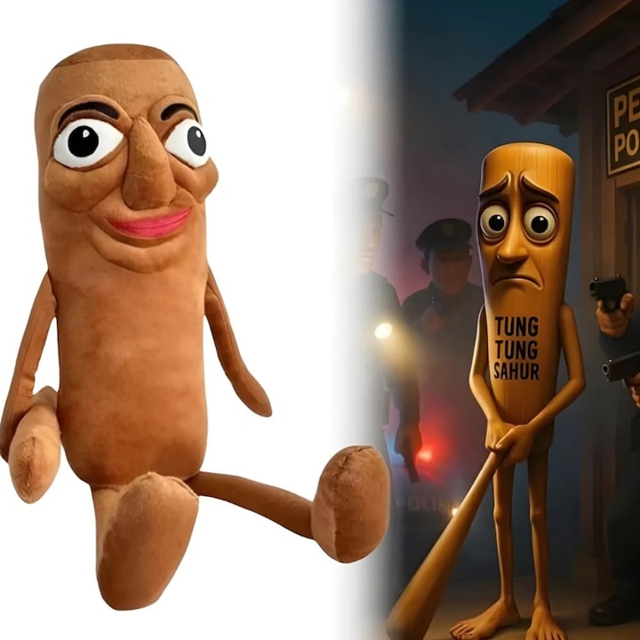 Jucarie de Plus Omul de Lemn Tung Tung Sahur, Model Italian Brainrot Fluppy, cu Agatatoare, 30 cm, Maro