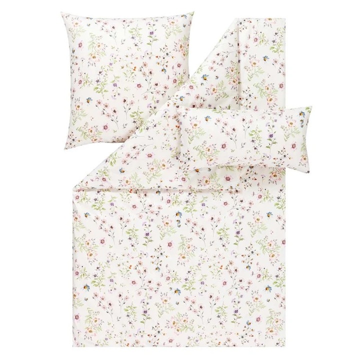 Lenjerie de pat Estella 7962/110 Petra Mako Satyna 200x220cm, 5 piese, 100% bumbac, rezistent la pilling, alb