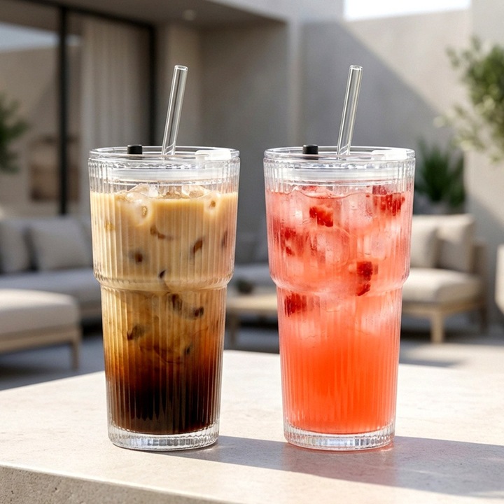 Set 2 Cani Din Sticla Transparenta Striata Vilde, Volum 500 Ml Fiecare, Ideale Pentru Bauturi Fierbinti Si Reci, Pachetul Contine Capace Practice Si Paie Ecologice Din Sticla, Design Minimalist Si Foarte Usor De Igienizat In Masina De Vase