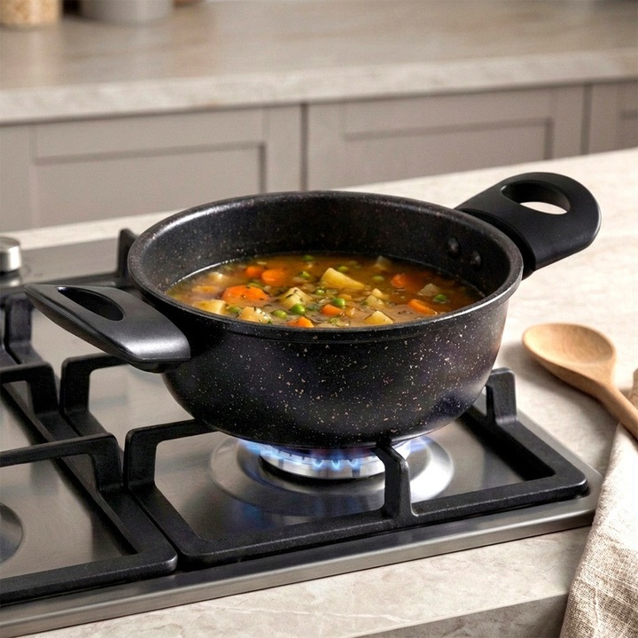 Oala Otel Carbon Cu Strat Din Granit Antiaderent Vilde Basic Line, Diametru 16 Centimetri, Capacitate 1.2 L, Ideala Pentru Gatit Sanatos Grasime Minima, Pentru Gaz Si Electric Fara Inductie, Curatare Masina De Spalat Vase In Deplina Siguranta