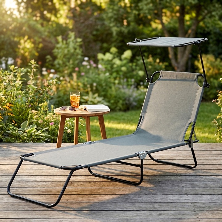Sezlong Pliabil Cu Parasolar Vilde, Ofera 4 Pozitii De Inclinare Plat Inclus, Bun La Terasa, Are Structura Din Metal Negru Dur, Cu Panza Rezistenta Din Poliester Gri Durabil, Se Poate Muta Usor, Sustine Cu Multa Usurinta Capacitati De Maxim 120 Kg
