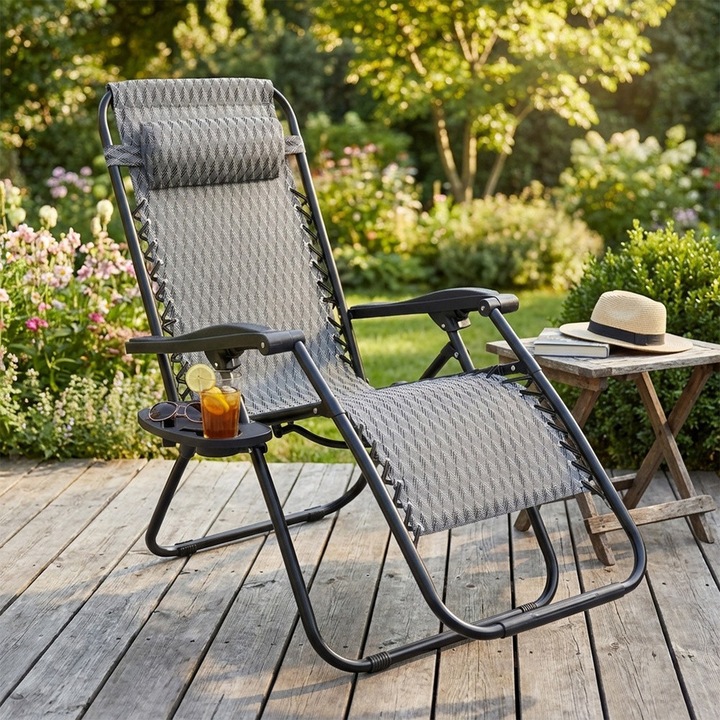 Sezlong Gradina Pliabil Sistem Gravitational Inovator Cu Capacitate De Sustinere 110 Kg, Poti Regla Cu Usurinta In 3 Pozitii Incluzand Relaxarea In Mod Complet Intins, Prezinta Cadru Rezistent Din Metal Negru Acoperit Cu Tesatura Poliester Gri