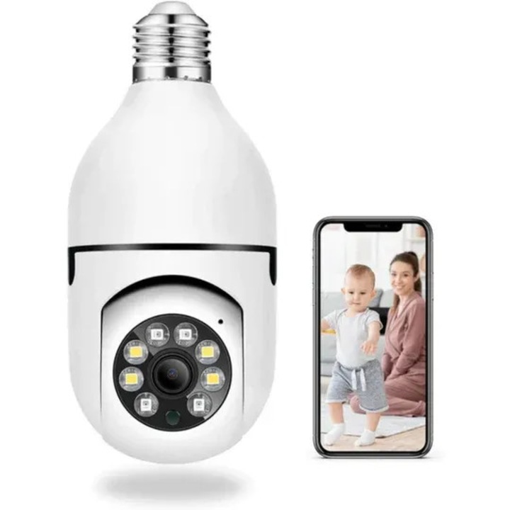Camera Supraveghere Tip Bec E27, Full HD 1080P, Vedere Nocturna, Detectie Miscare, Alarma, Conectare WiFi, Monitorizare Interior, Montaj Usor