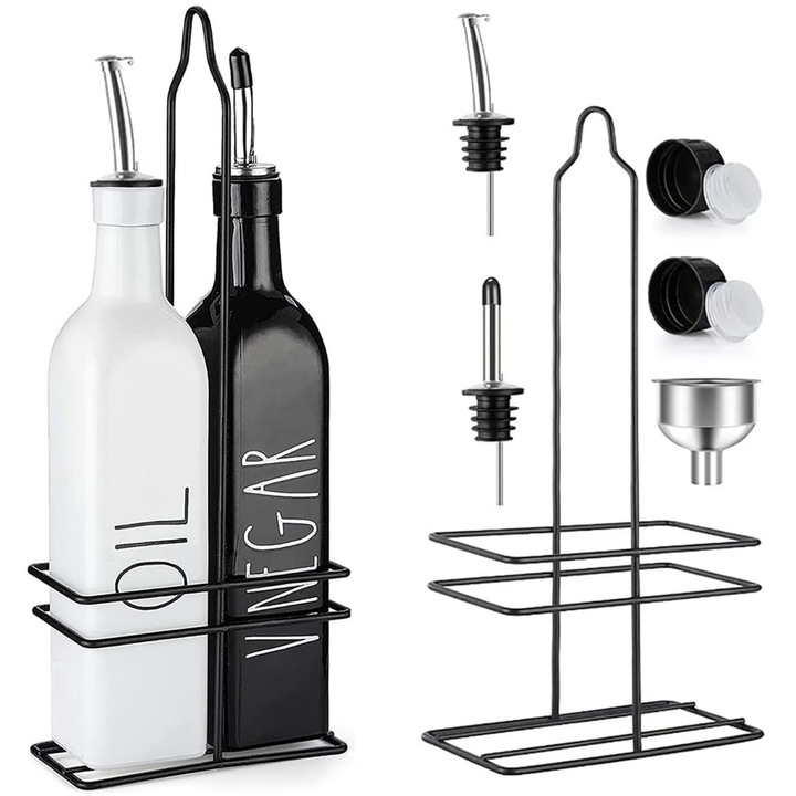 Set de 2 oliviere, Axroad Mall, cu suport metalic, contine o palnie, design anti-scurgere, capac anti-scurgere, usor de curatat, pentru ulei de masline si otet, sticla/inox, 500ml, dispenser ulei otet bucatarie, negru/alb