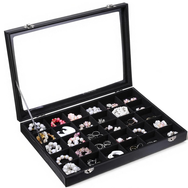 Tava pentru bijuterii, AFKSMILE, Cutie bijuterii, Cu 30 de compartimente, Capac transparent, Catarama metalica, Captuseala detasabila, Rezistent la praf si umiditate, Pentru inele, coliere, cercei si bratari, Catifelat/Piele, 35*24*5cm, Negru