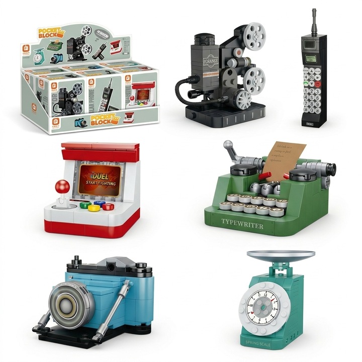 Set de constructie Aparate electrocasnice in stil retro 6 piese, Excitat®, 667 Piese, Proiector, Consolele de jocuri, Masini de scris, Aparate foto, Compatibil cu Lego