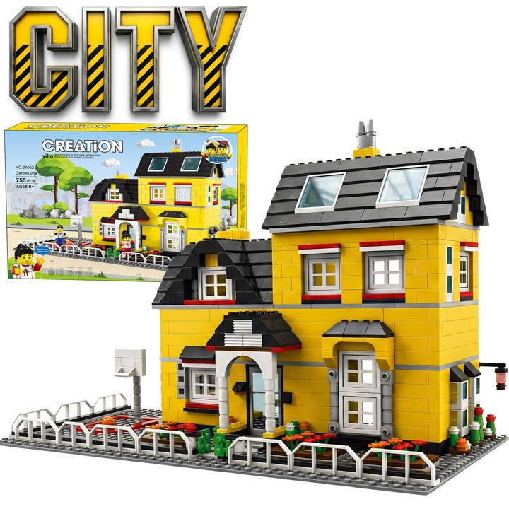 Set de constructie Casa de vacanta, Excitat®, 755 Piese, Vila cu 2 etaje, compatibile cu lego, Cadou ideal, 40*25*8.7cm, galben