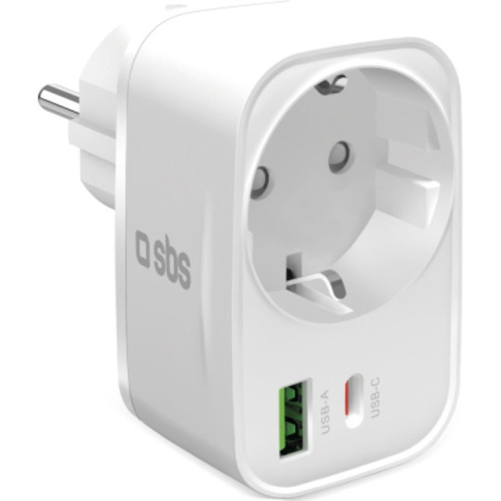 Incarcator de perete SBS Multiplug cu USB-A si USB-C PD 20W, Alb