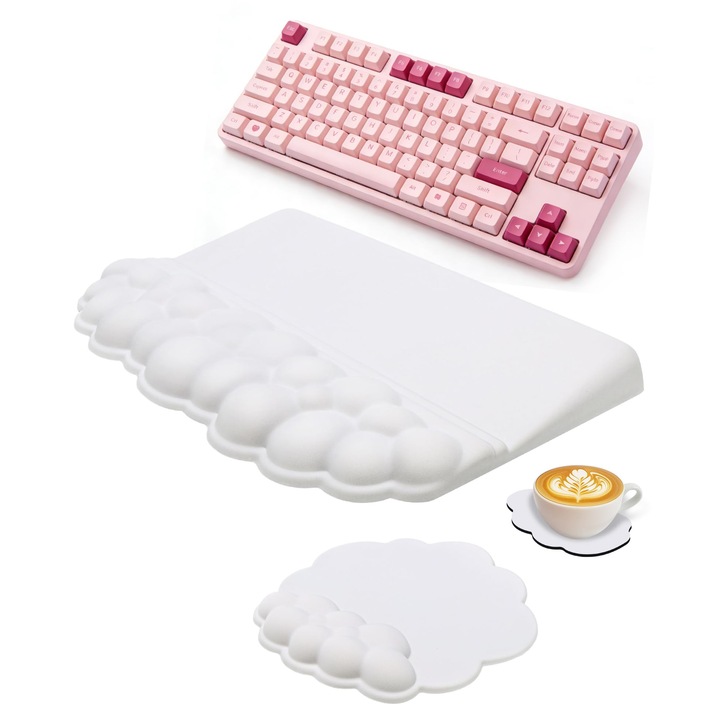 Set suport pentru incheietura tip nor Leccik®, ergonomic, pentru tastatura si mouse, spuma cu memorie, suprafata Lycra, baza antiderapanta, suport tastatura reglabil, doua unghiuri, Alb