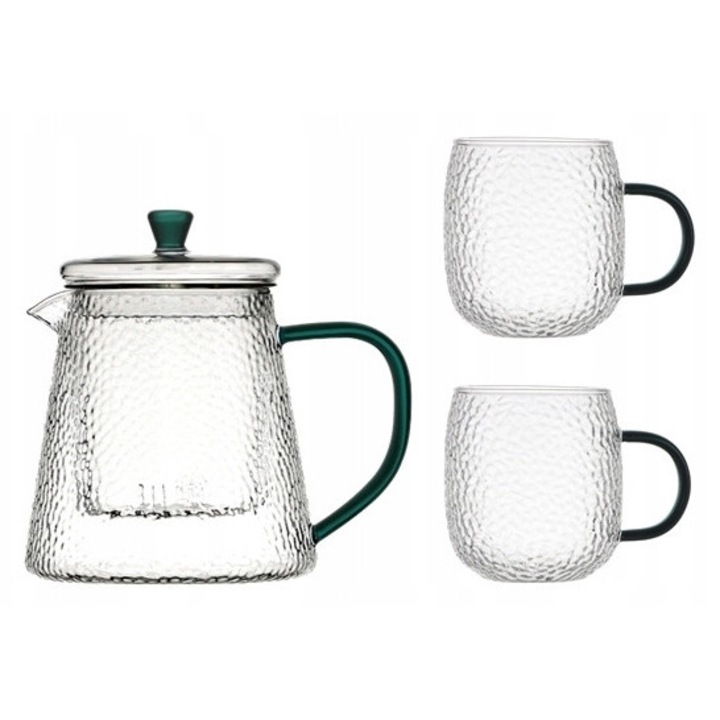 Boroszilikát üveg teáskanna szett 1L infúzióval és 2 csésze zöld fogantyúval, átlátszó