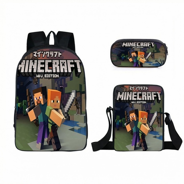Set rucsac scolar Minecraft, 3 piese (rucsac, geanta de umar, penar), multicolor, 42x29x12.5 cm