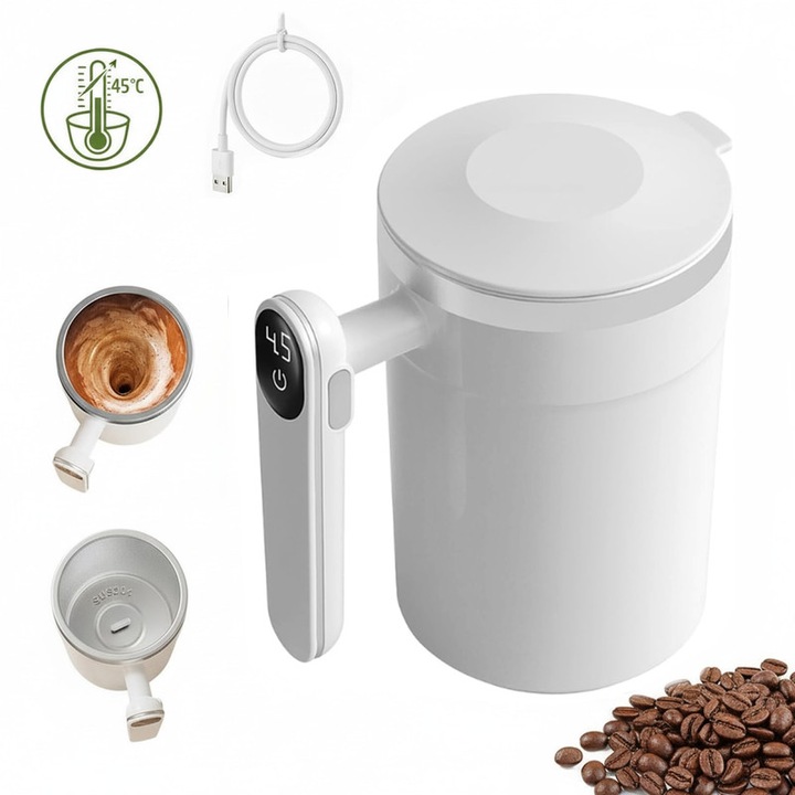 Cana termica automata, Ceasca de cafea cu amestecare automata, Chucai, 400ml otel inoxidabil 304, 7000 RPM amestecare rapida uniforma, LED afisaj temperatura, lavabil durata lunga, pentru birou acasa calatorii, Alb