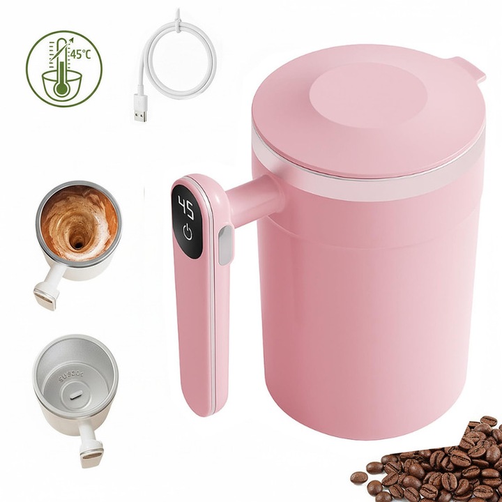 Cana termica automata, Ceasca de cafea cu amestecare automata, Chucai, 400ml otel inoxidabil 304, 7000 RPM amestecare rapida uniforma, LED afisaj temperatura, lavabil durata lunga, pentru birou acasa calatorii, Roz