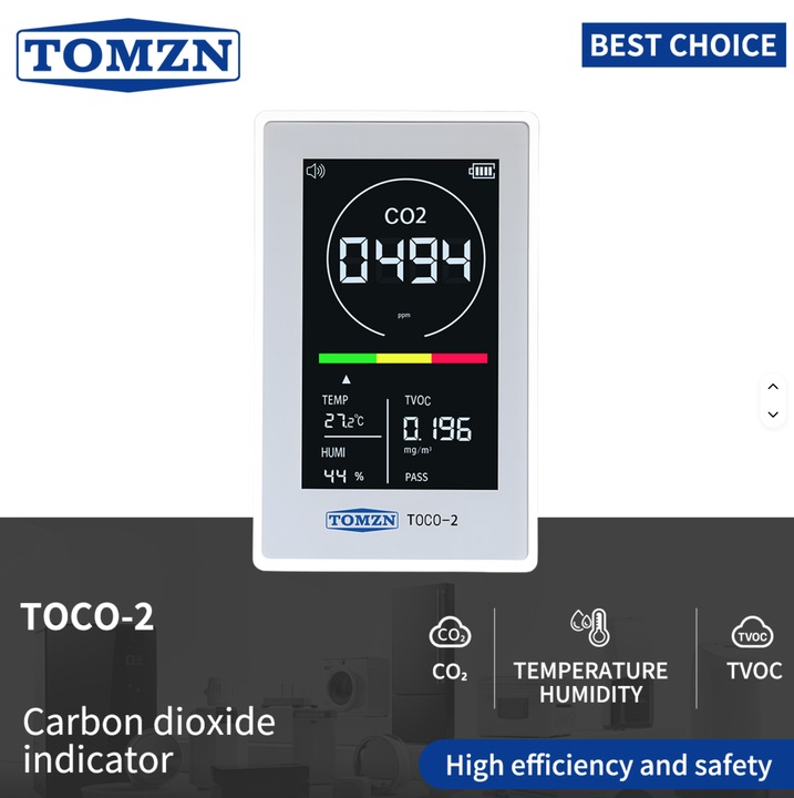 Detector Calitate Aer CO2 + TVOC, Temperatura & Umiditate, Ecran TFT, USB Type-C, Monitorizare Aer Interior, Portabil, pentru Casa, Birou si Calatorii