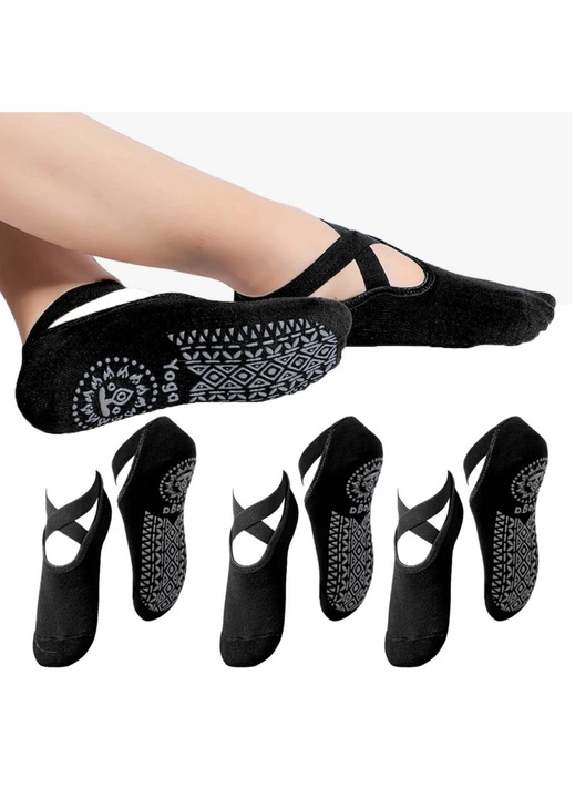 Set 3 Perechi Sosete Yoga Antiderapante, Pentru Pilates, Balet, Dans, Fitness, Bumbac, Respirabil, Marime Universala, Negru, FABOKA®