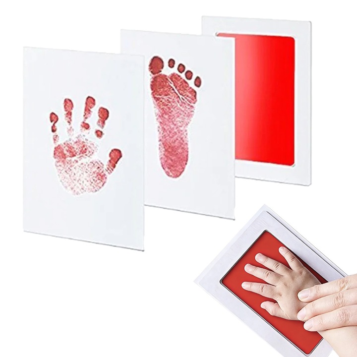 Set kit amprente bebelusi si animale de companie, RDWESZOD, 1 pad de cerneala fara contact, 2 cartoane albe, rosu