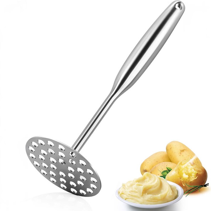 Tocator de mancare din otel inoxidabil 304, presa de cartofi, formare integrata fara cusaturi, eficient, utilitar de bucatarie pentru piure de dovleac, fructe si alimente pentru copii, durabil, nu rusteza, usor de spalat, cu gaura de agatat pentru