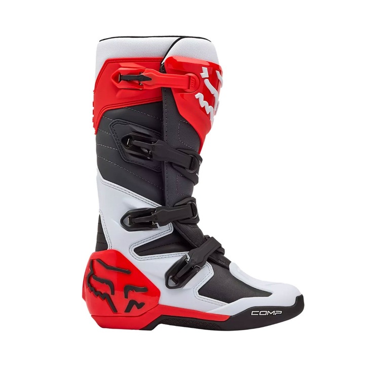Ghete protectie motocross Fox, model COMP, alb/rosu fluorescent, marimea 46