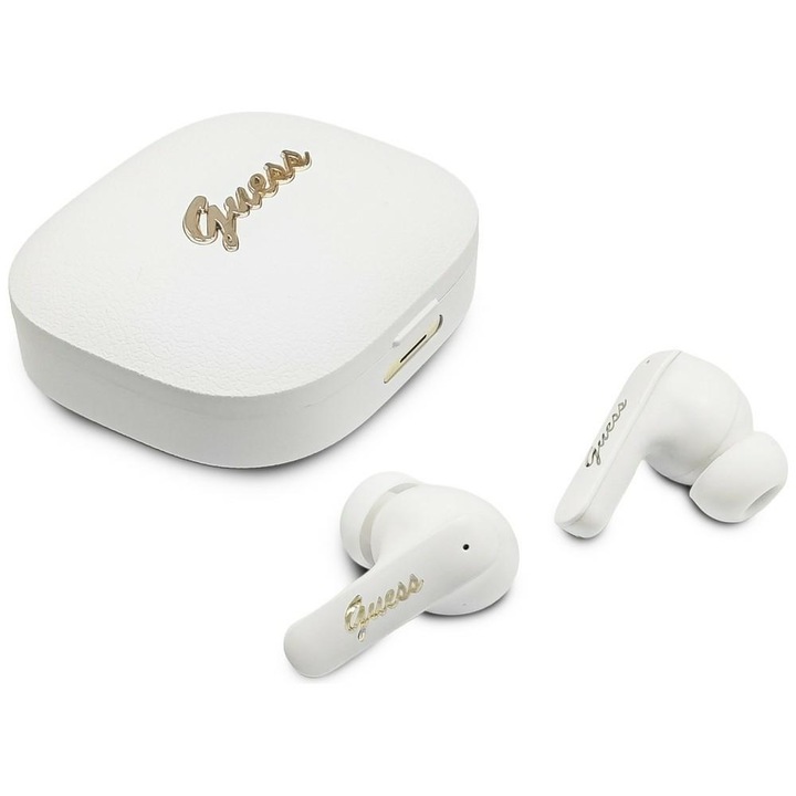 Guess - Wireless Earbuds Script Metal Logo (GUTWSX45PGSH) - Bluetooth V5.4, TWS, with Microphone, Type-C, 400mAh - White