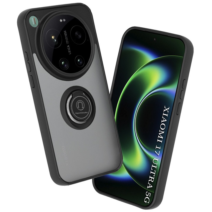 Prémium védőtok Xiaomi 17 Ultra készülékhez forgatható gyűrűs állvánnyal, mágneses tartóval és csúszásgátló ütközővel - fekete
