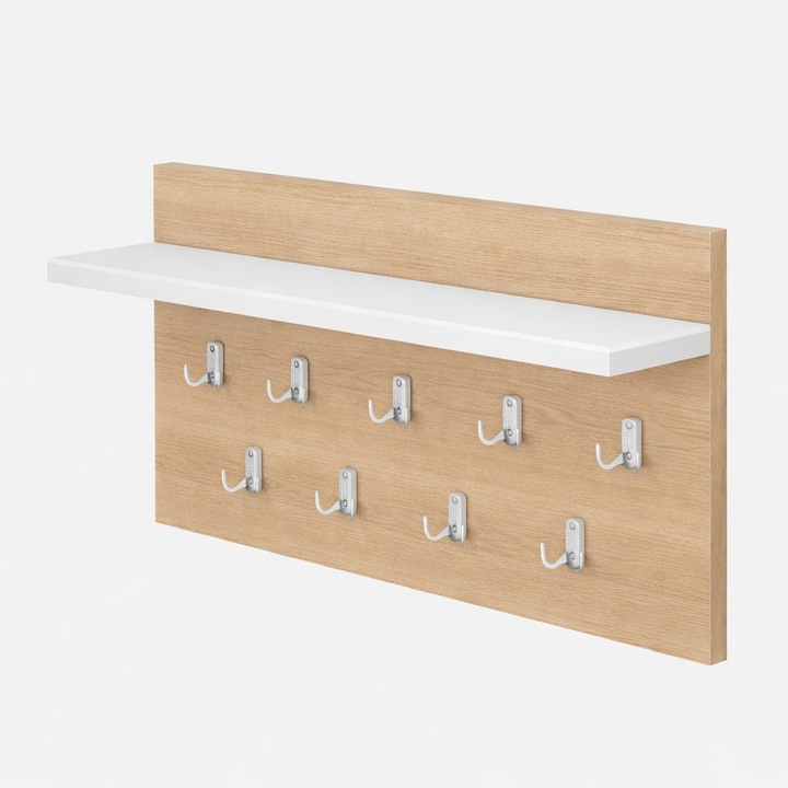 Cuier de perete cu 9 agatatori si polita, 70x40, sonoma si alb