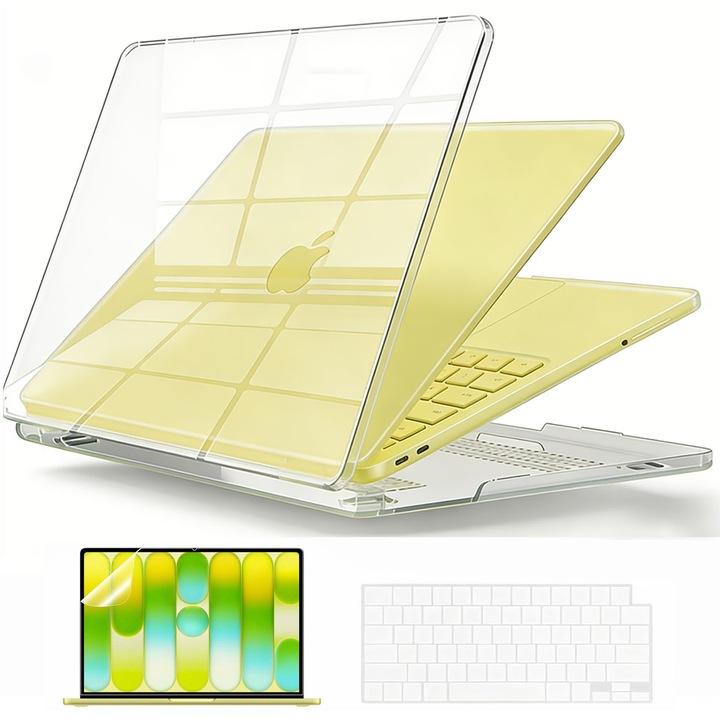 Carcasa de protectie pentru MacBook Neo 13 inch 2026 (A3404) cu cip A18 Pro, chucai, transparent, set cu husa pentru tastatura si folie de ecran
