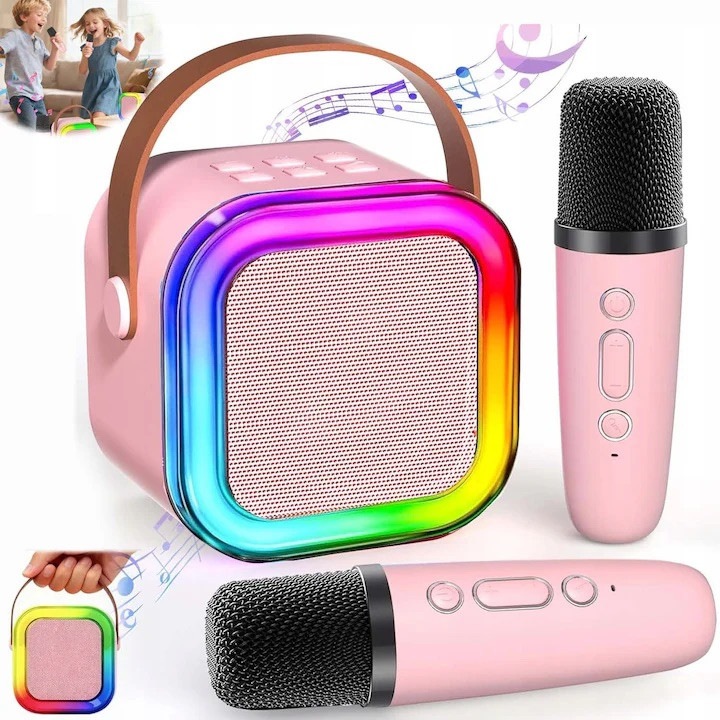 Boxa portabila karaoke aLFTEC, Bluetooth, microfon wireless inclus, LED RGB, efecte voce, acumulator reincarcabil, USB/AUX/TF, roz