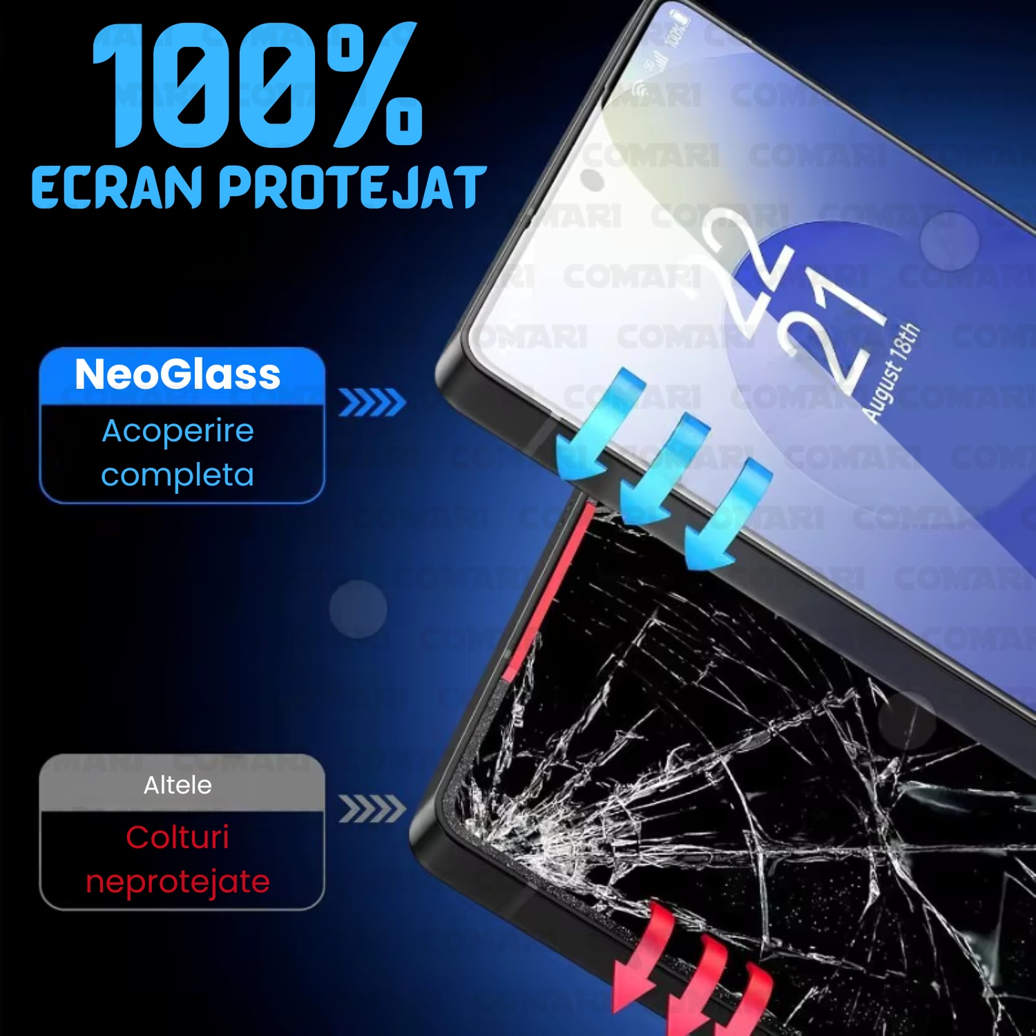 Folie de protectie pentru OnePlus Nord 3 Comari® NeoGlass, sticla securizata 9H, Full Glue, claritate HD, rezistenta la zgarieturi, margini negre, transparent