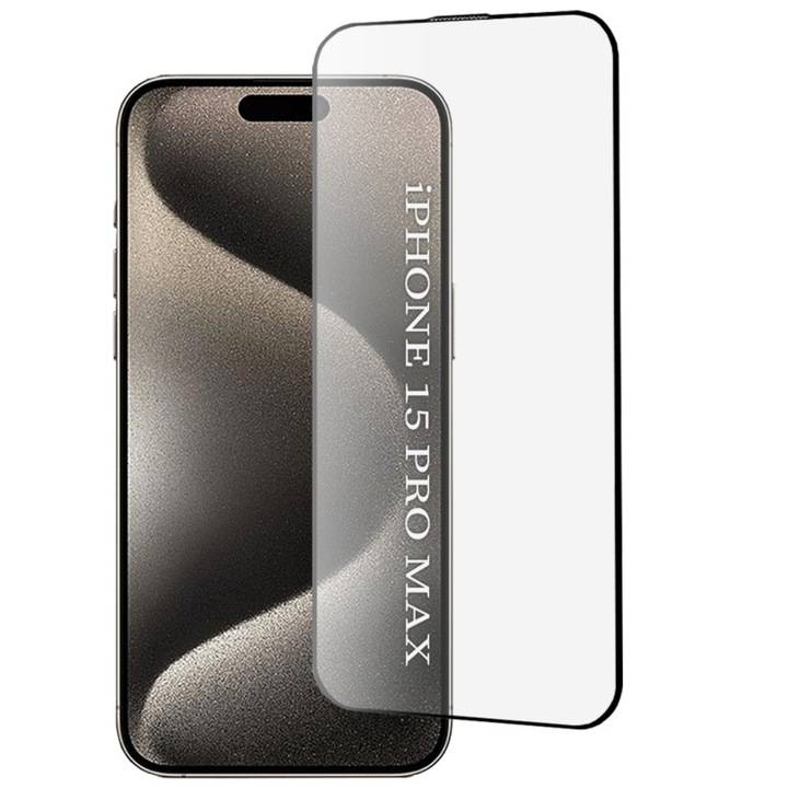 Folie de protectie pentru iPhone 15 Pro Max Comari® NeoGlass, sticla securizata 9H, Full Glue, claritate HD, rezistenta la zgarieturi, margini negre, transparent