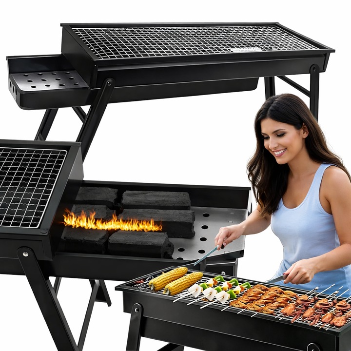 Gratar portabil pliabil pe carbune, gratar camping BBQ, compact si usor de transportat, pentru gradina, picnic si balcon, negru 60x32x22 cm