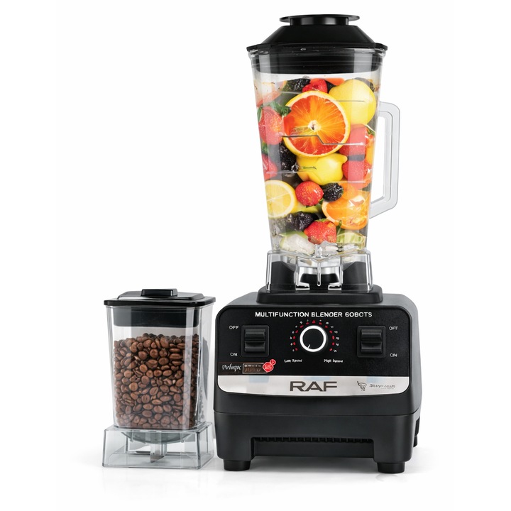 Blender RAF profesional 2 in 1 R.2809-B, 2400W, 2.5L, 23000 RPM, 6 lame inox, control viteza variabil, functie Pulse, cu rasnita inclusa, negru