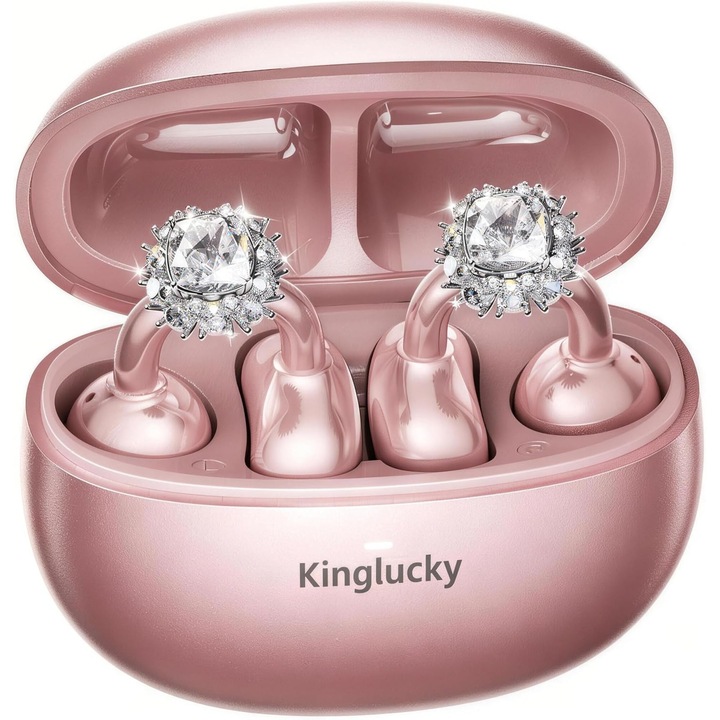 Casti Wireless Open-Ear Clip King Lucky si Cercei cu Cristale Albe tip Diamant, Ultra Usoare, culoare Auriu Rose